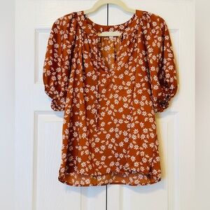 Loft Rust Floral Puff Sleeve Top